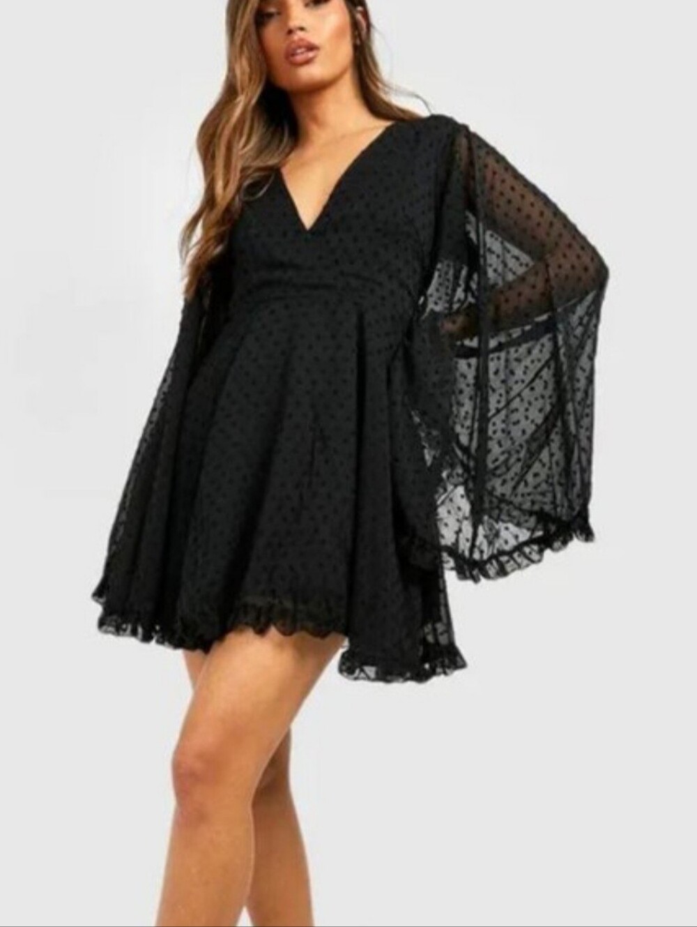 Boohoo Black Swiss Dot V-Neck Mini Dress with Sheer Bell Sleeves